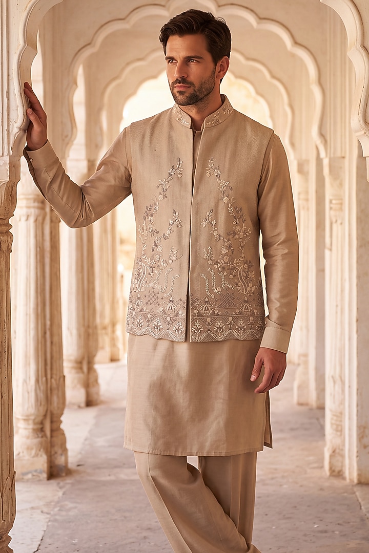 Khakhi Herringbone Hand Embroidered Bundi Jacket Set by AMIT ARORA at Pernia's Pop Up Shop