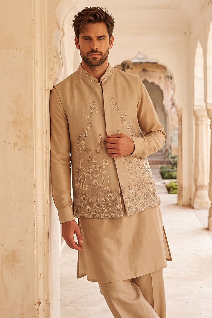 Khakhi Herringbone Hand Embroidered Bundi Jacket Set by AMIT ARORA at Pernia's Pop Up Shop