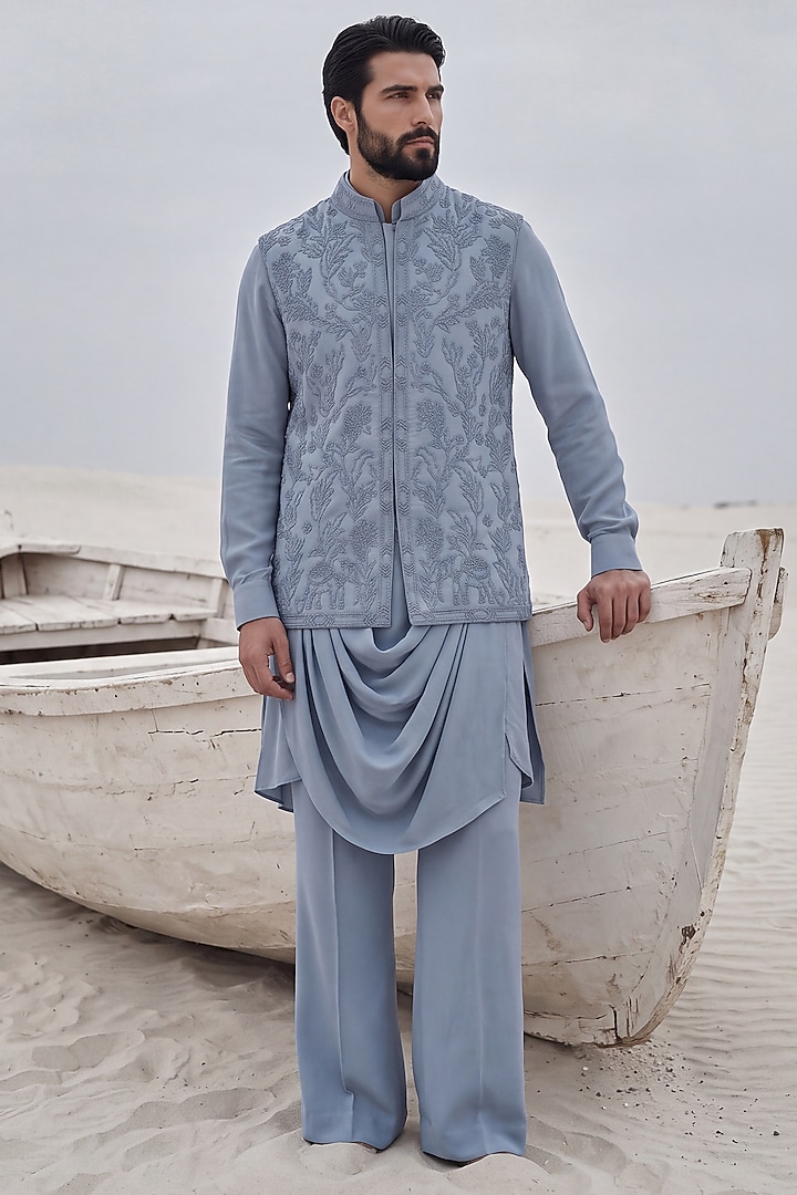 Powder Blue Knit Hand Embroidered Bundi Jacket Set by AMIT ARORA at Pernia's Pop Up Shop