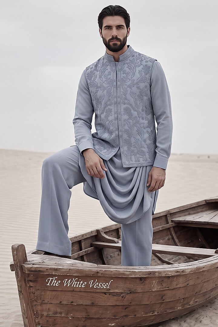 Powder Blue Knit Hand Embroidered Bundi Jacket Set by AMIT ARORA at Pernia's Pop Up Shop