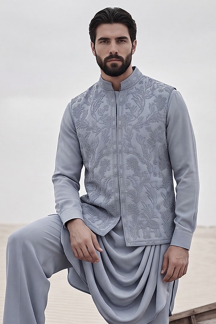 Powder Blue Knit Hand Embroidered Bundi Jacket Set by AMIT ARORA at Pernia's Pop Up Shop