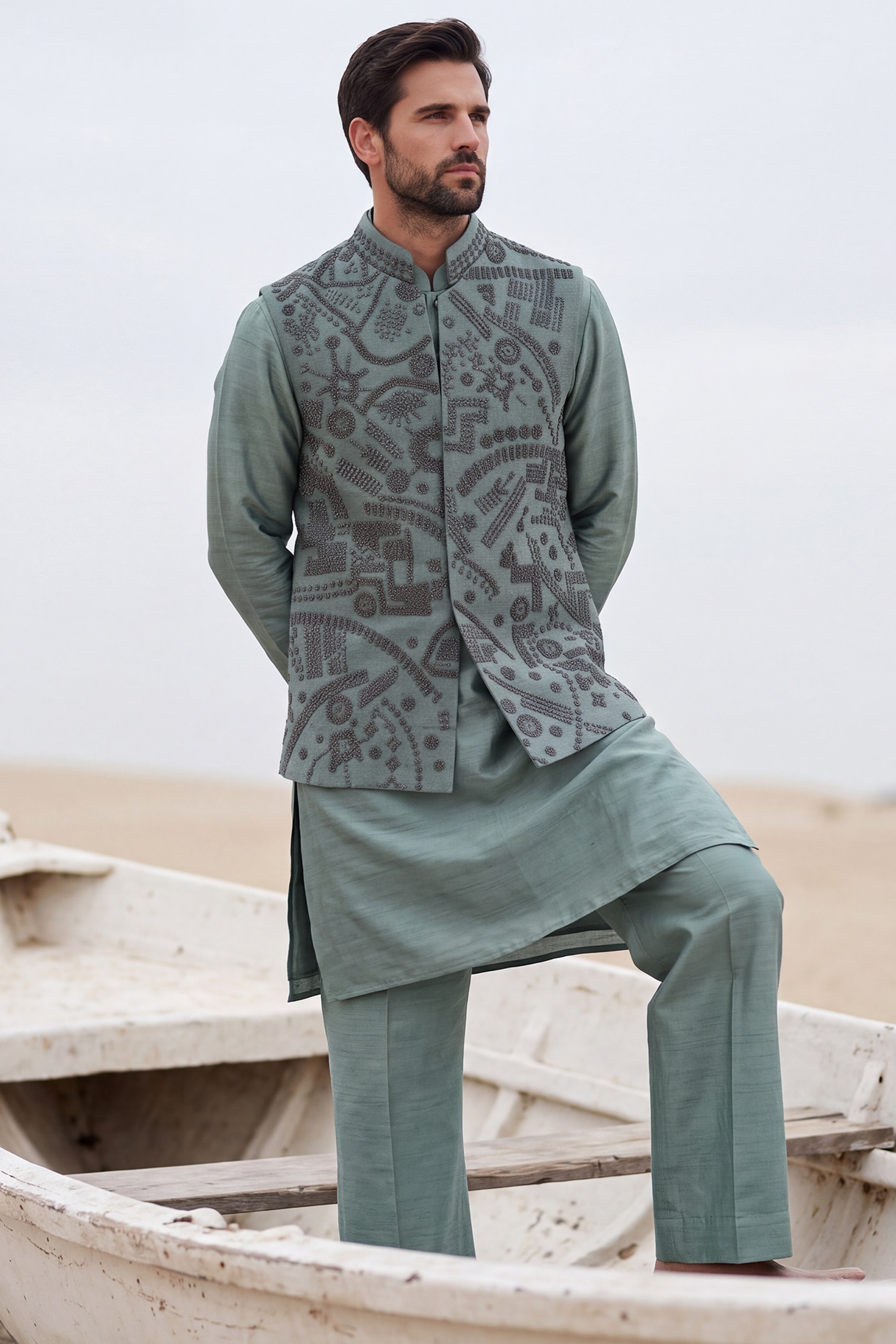 AMIT ARORA Teal Green Velvet Hand Embroidered Bundi Jacket Set