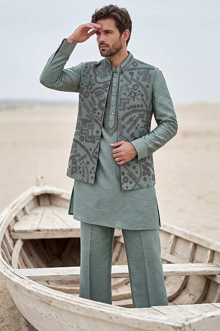 Teal Green Velvet Hand Embroidered Bundi Jacket Set by AMIT ARORA at Pernia's Pop Up Shop
