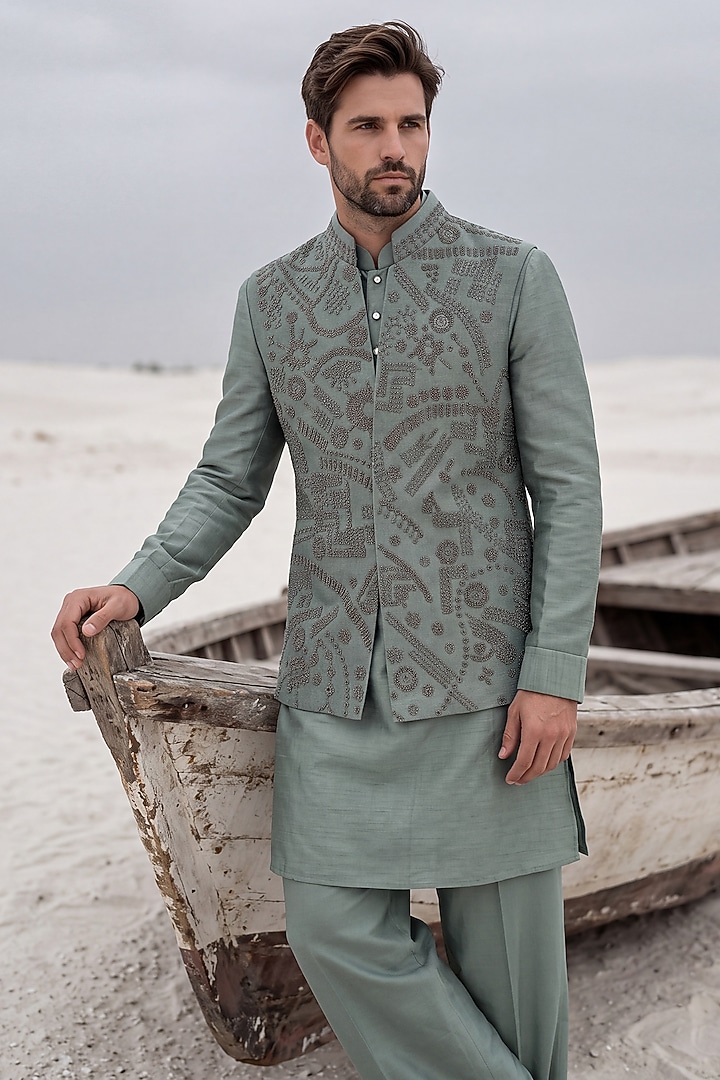 Teal Green Velvet Hand Embroidered Bundi Jacket Set by AMIT ARORA at Pernia's Pop Up Shop