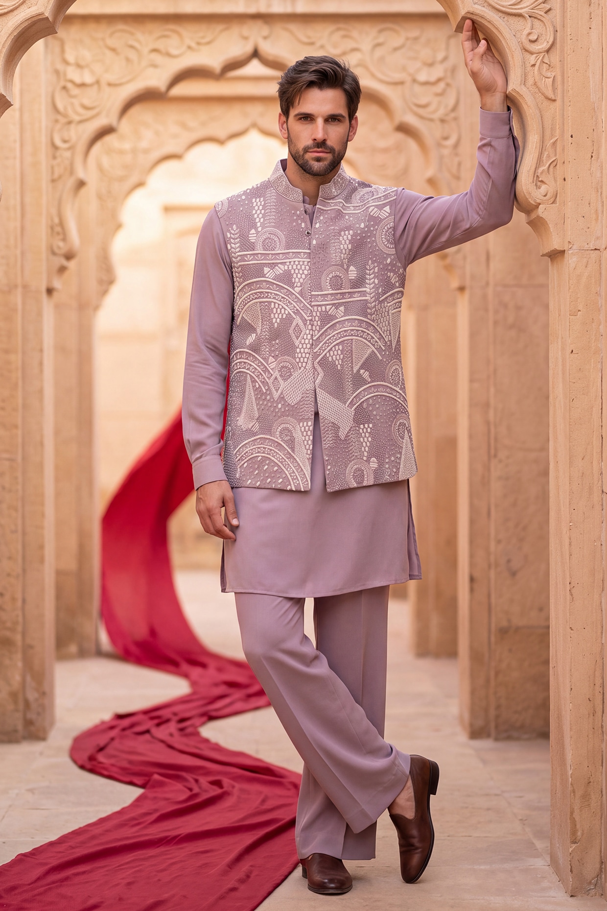 AMIT ARORA Mauve Knit Hand Embroidered Bundi Jacket Set