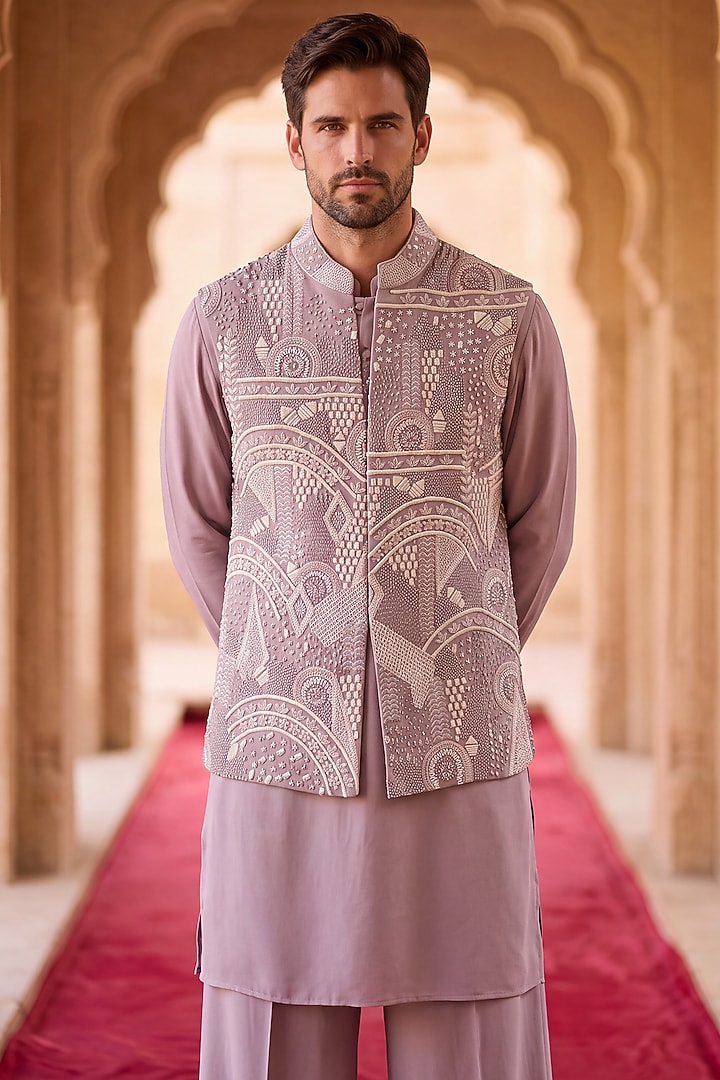 Mauve Knit Hand Embroidered Bundi Jacket Set by AMIT ARORA at Pernia's Pop Up Shop