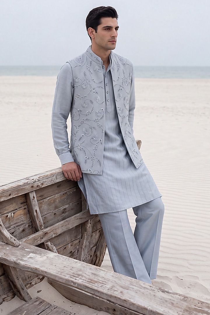 Sky Blue Herringbone Fabric Hand Embroidered Bundi Jacket Set by AMIT ARORA at Pernia's Pop Up Shop