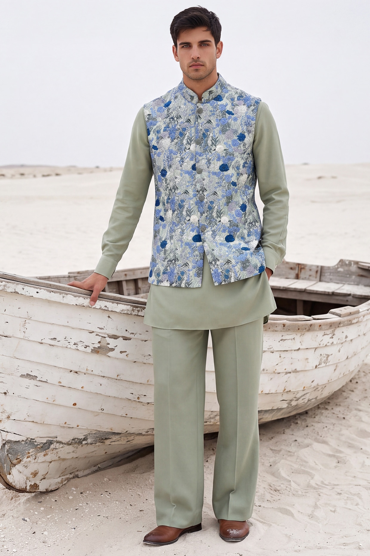 AMIT ARORA Pista Green Crepe Hand Embroidered Bundi Jacket Set