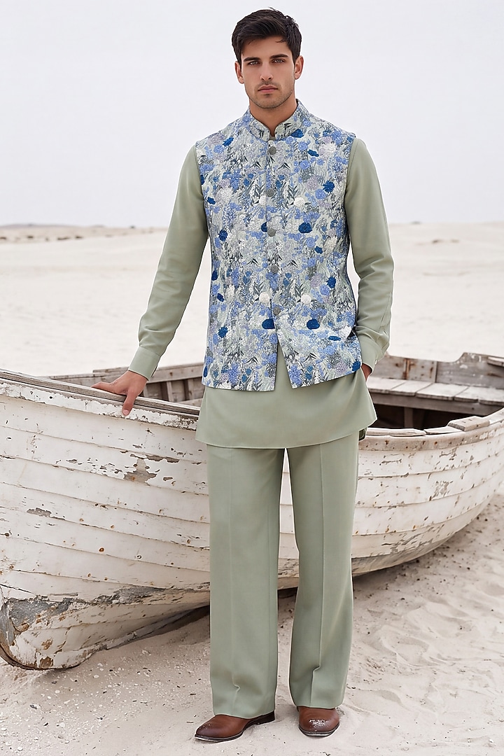 Pista Green Crepe Hand Embroidered Bundi Jacket Set by AMIT ARORA at Pernia's Pop Up Shop