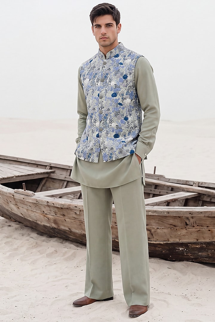Pista Green Crepe Hand Embroidered Bundi Jacket Set by AMIT ARORA at Pernia's Pop Up Shop