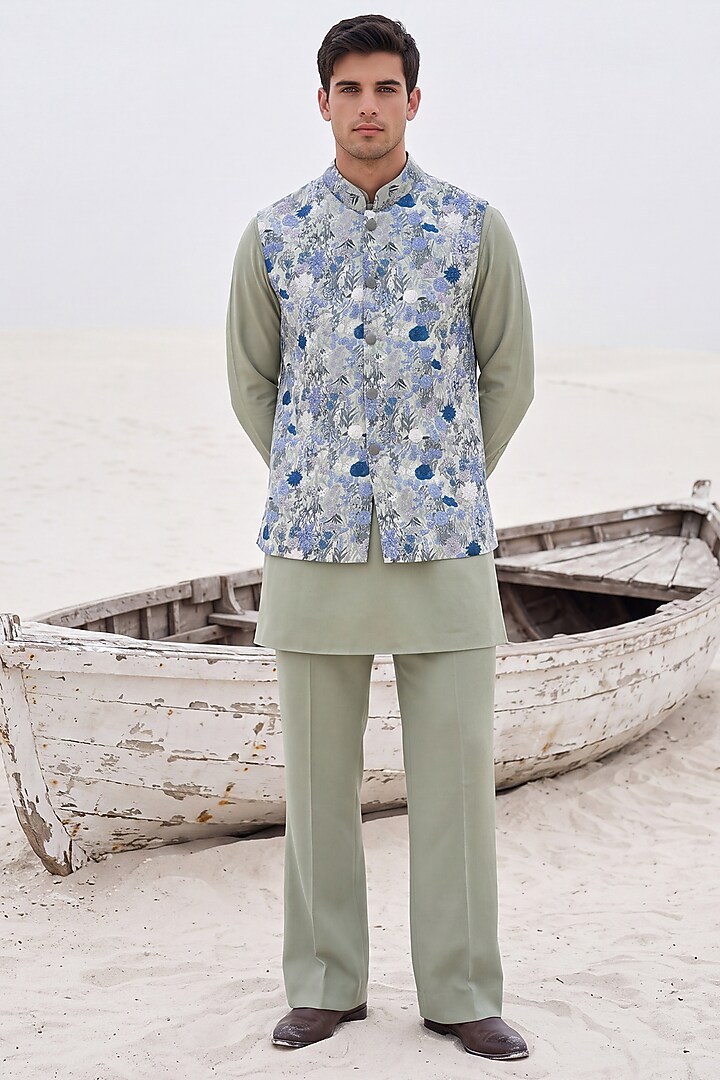 Pista Green Crepe Hand Embroidered Bundi Jacket Set by AMIT ARORA at Pernia's Pop Up Shop