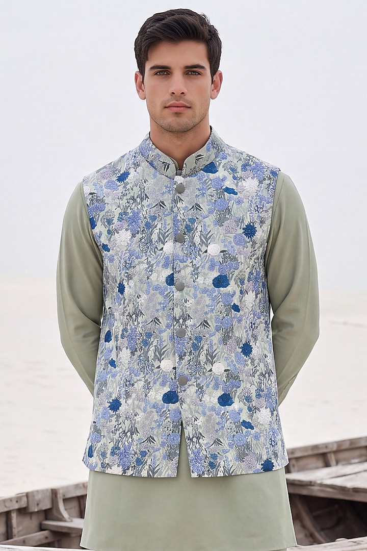 Pista Green Crepe Hand Embroidered Bundi Jacket Set by AMIT ARORA at Pernia's Pop Up Shop