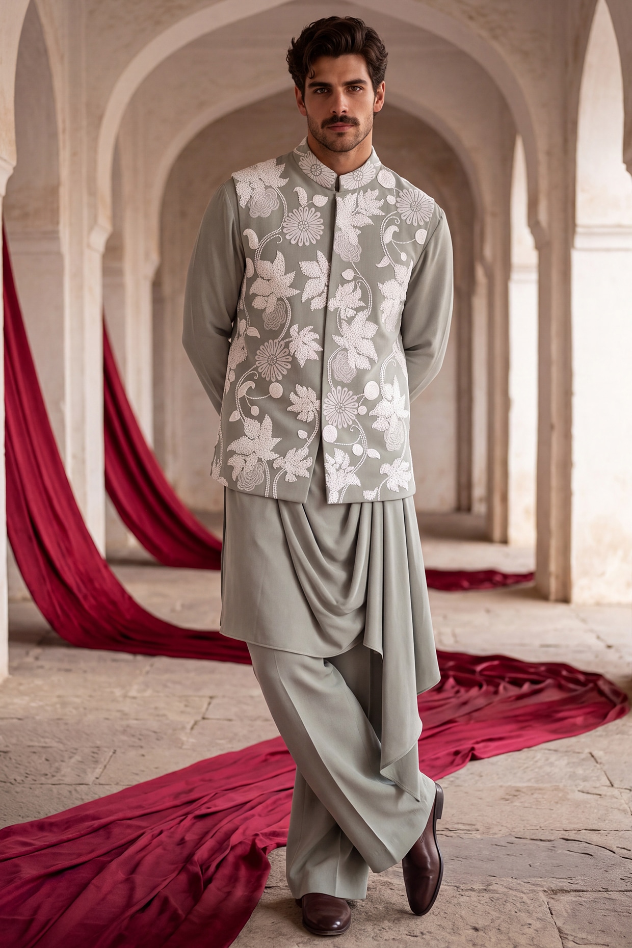 AMIT ARORA Pista Green Knit Hand Embroidered Bundi Jacket Set