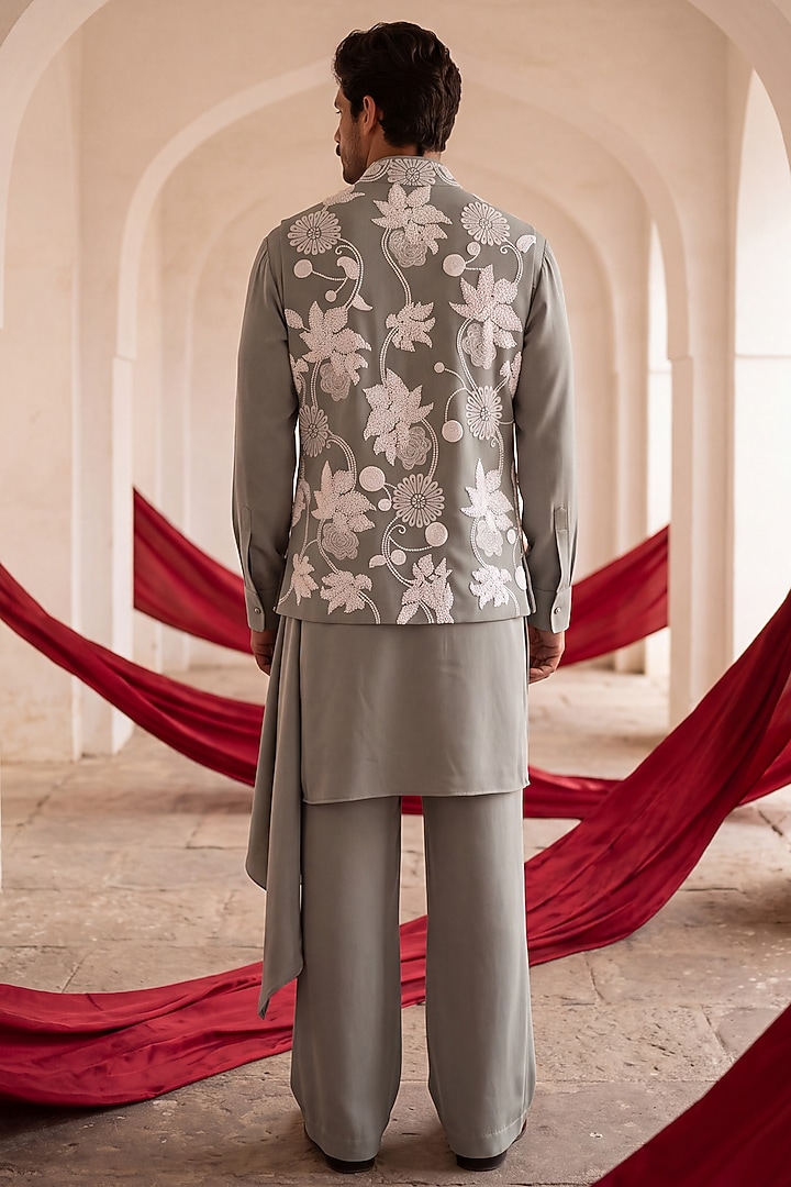 Pista Green Knit Hand Embroidered Bundi Jacket Set by AMIT ARORA at Pernia's Pop Up Shop