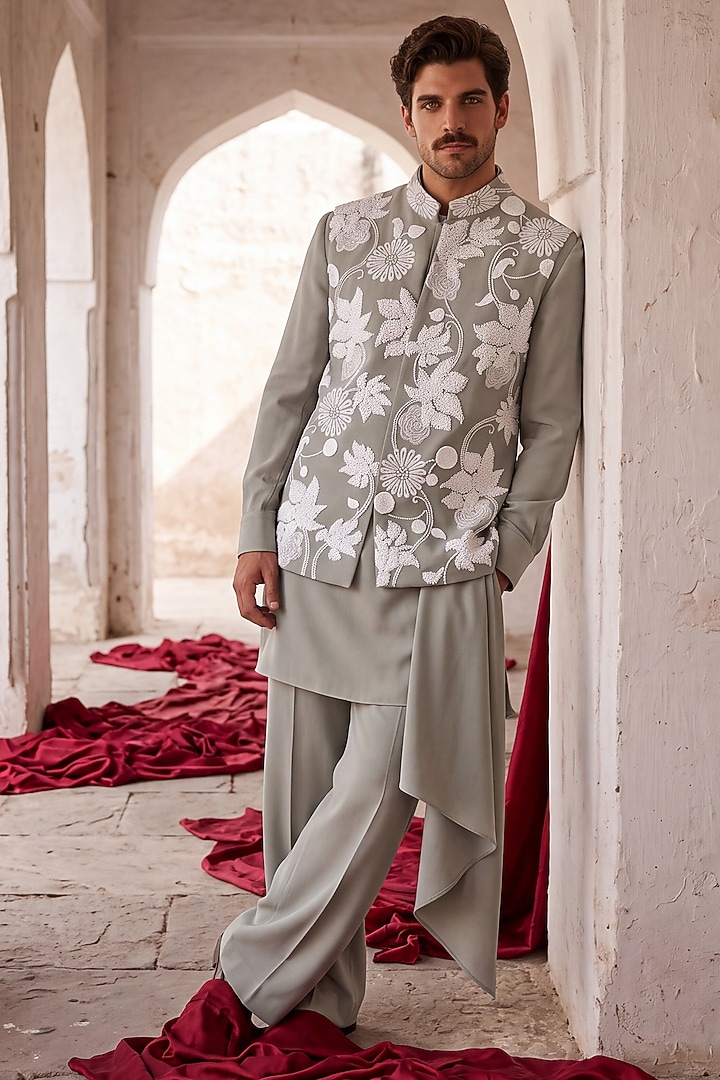 Pista Green Knit Hand Embroidered Bundi Jacket Set by AMIT ARORA at Pernia's Pop Up Shop