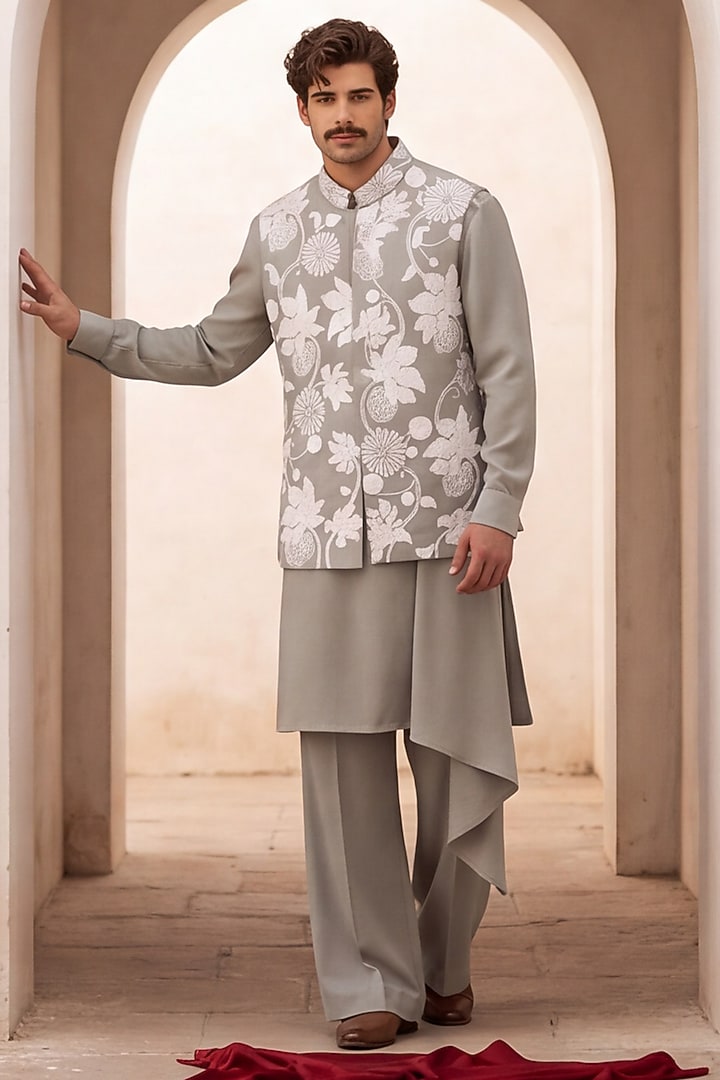 Pista Green Knit Hand Embroidered Bundi Jacket Set by AMIT ARORA at Pernia's Pop Up Shop
