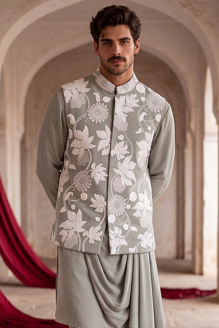 Pista Green Knit Hand Embroidered Bundi Jacket Set by AMIT ARORA at Pernia's Pop Up Shop