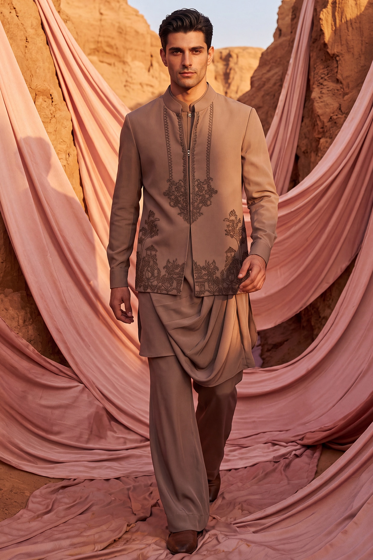 AMIT ARORA Mouse-Colored Knit Hand Embroidered Bundi Jacket Set