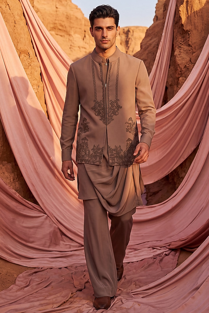 Mouse-Colored Knit Hand Embroidered Bundi Jacket Set by AMIT ARORA at Pernia's Pop Up Shop