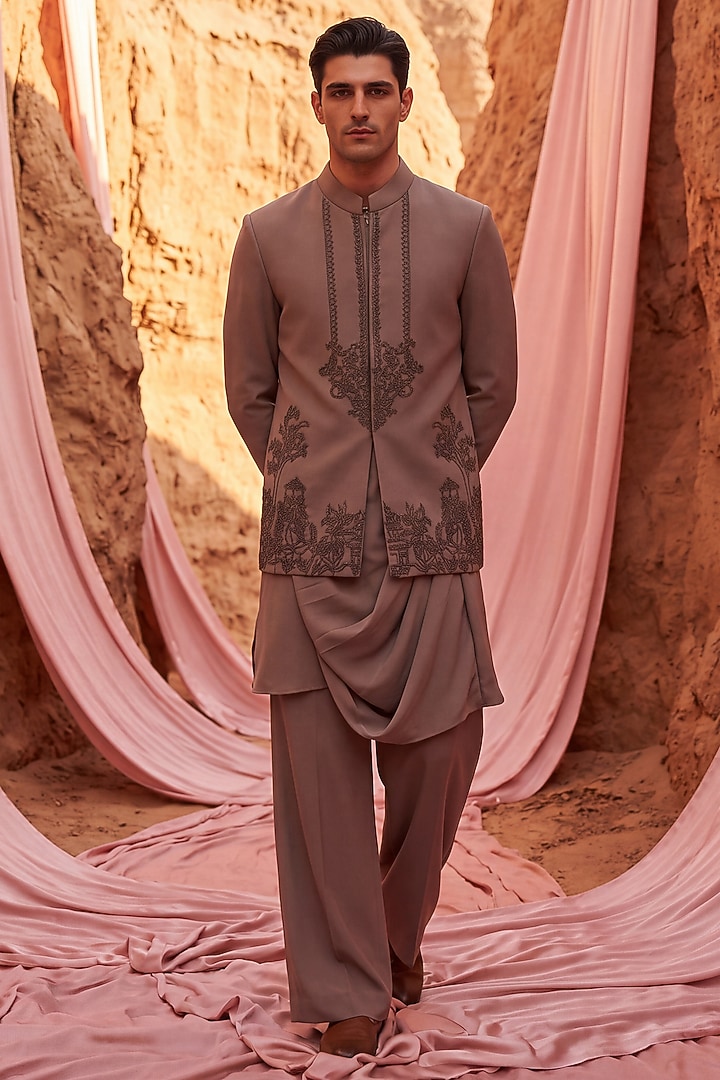 Mouse-Colored Knit Hand Embroidered Bundi Jacket Set by AMIT ARORA at Pernia's Pop Up Shop