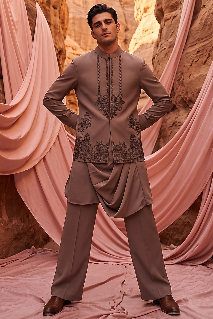 Mouse-Colored Knit Hand Embroidered Bundi Jacket Set by AMIT ARORA at Pernia's Pop Up Shop