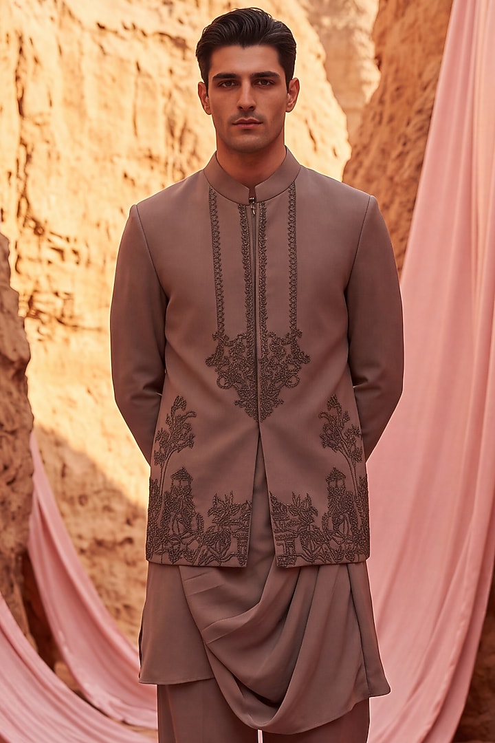 Mouse-Colored Knit Hand Embroidered Bundi Jacket Set by AMIT ARORA at Pernia's Pop Up Shop