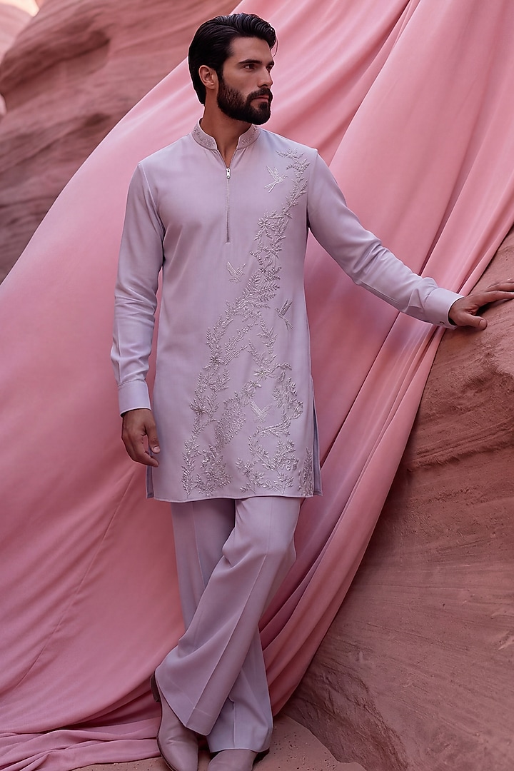 Lilac Knit Embroidered Kurta Set by AMIT ARORA at Pernia's Pop Up Shop