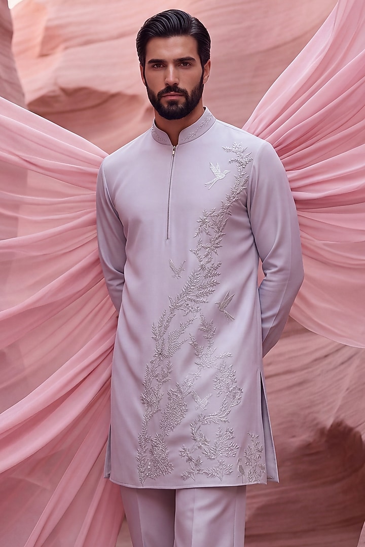 Lilac Knit Embroidered Kurta Set by AMIT ARORA at Pernia's Pop Up Shop