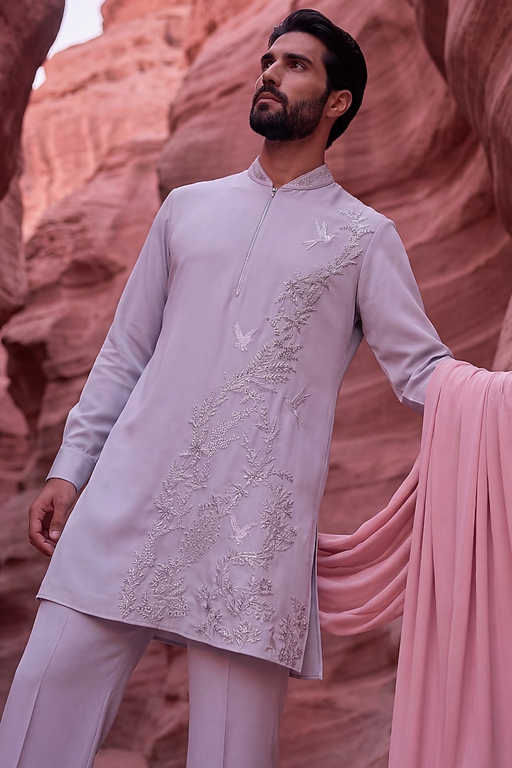 Lilac Knit Embroidered Kurta Set by AMIT ARORA at Pernia's Pop Up Shop