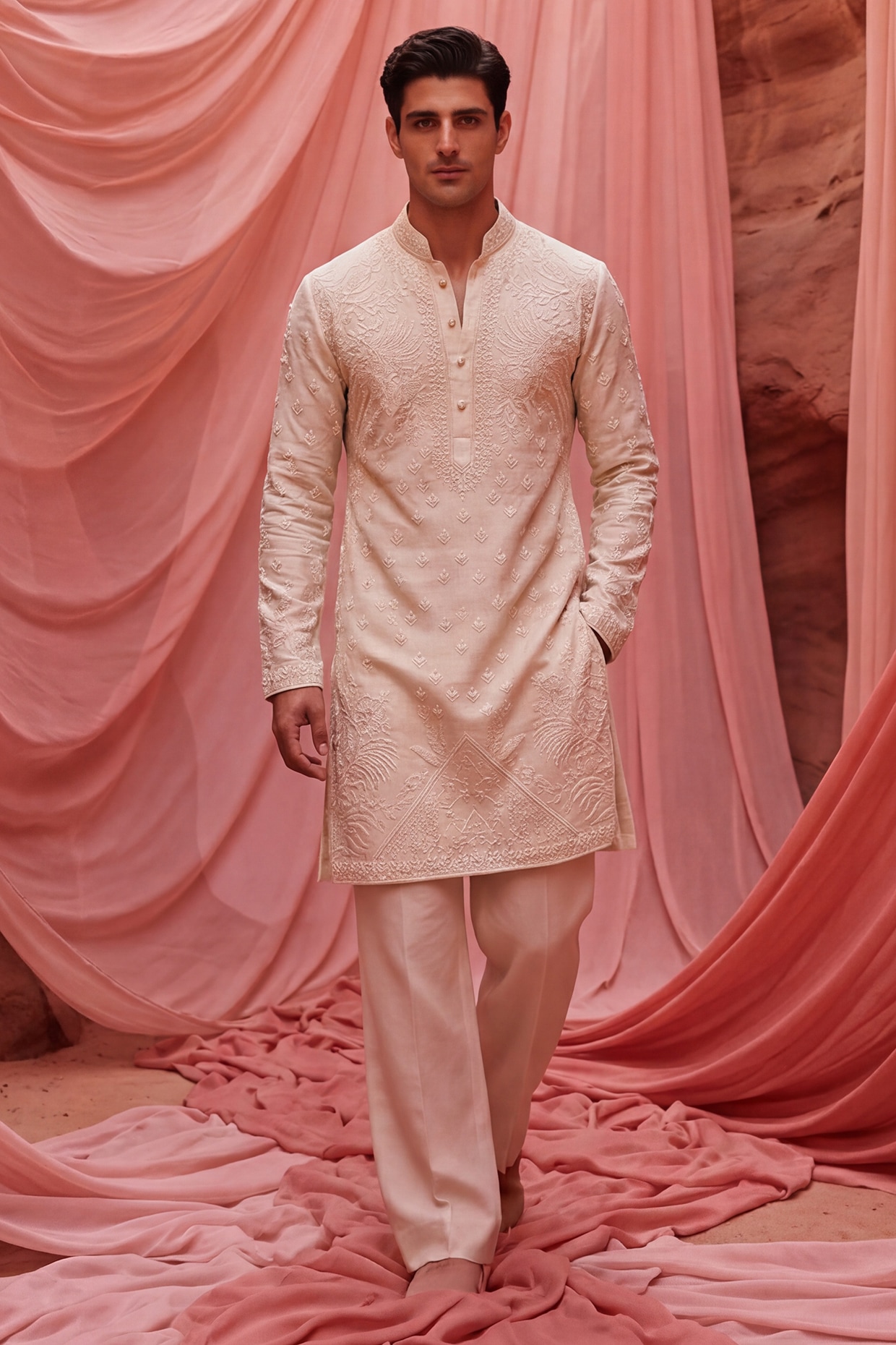 AMIT ARORA Beige Bamboo Silk Embroidered Kurta Set