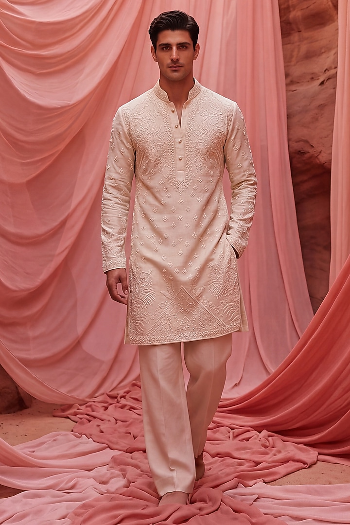 Beige Bamboo Silk Embroidered Kurta Set by AMIT ARORA at Pernia's Pop Up Shop