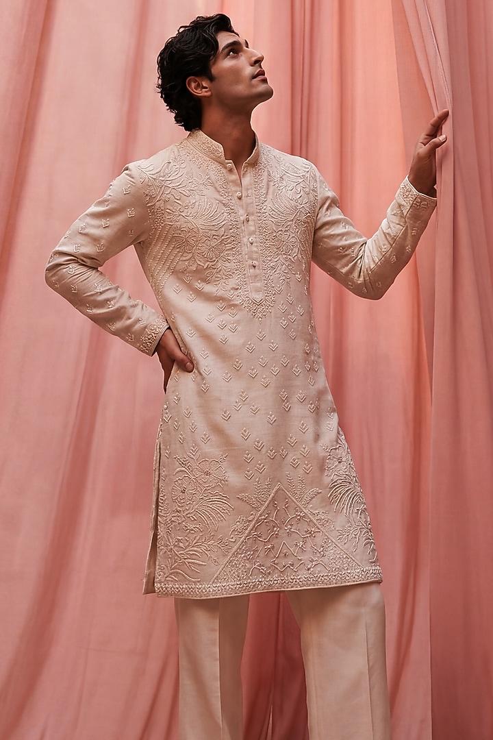 Beige Bamboo Silk Embroidered Kurta Set by AMIT ARORA at Pernia's Pop Up Shop