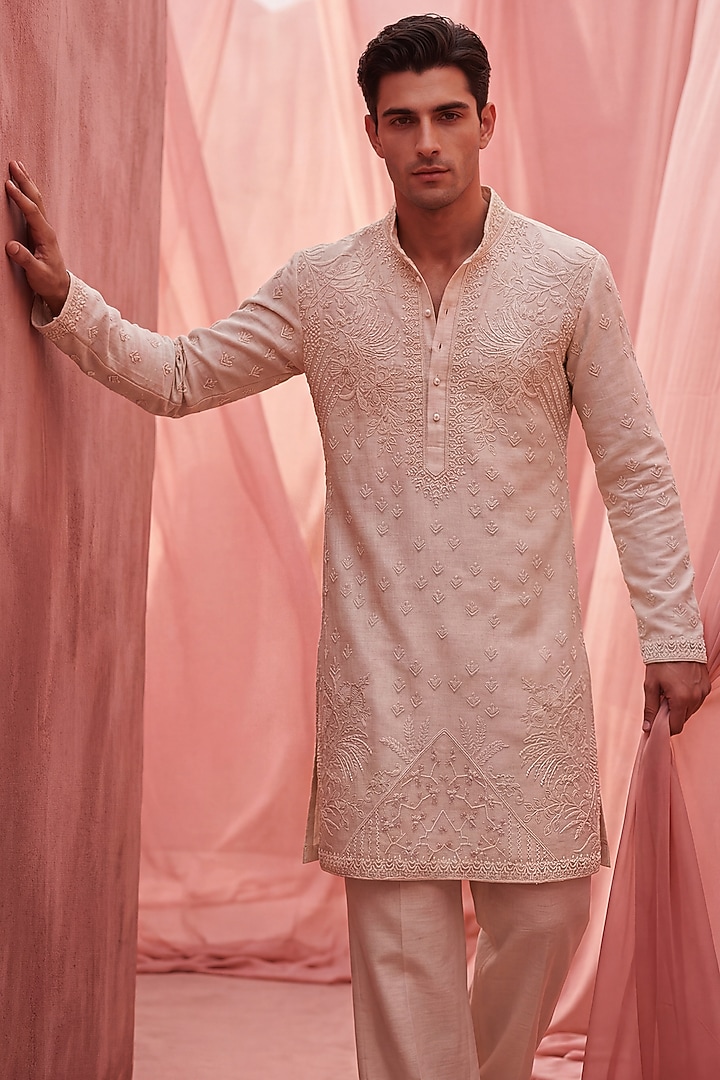 Beige Bamboo Silk Embroidered Kurta Set by AMIT ARORA at Pernia's Pop Up Shop