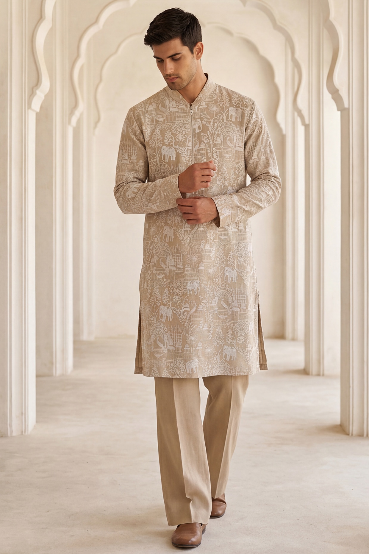 AMIT ARORA Beige Chanderi Silk Embroidered Kurta Set