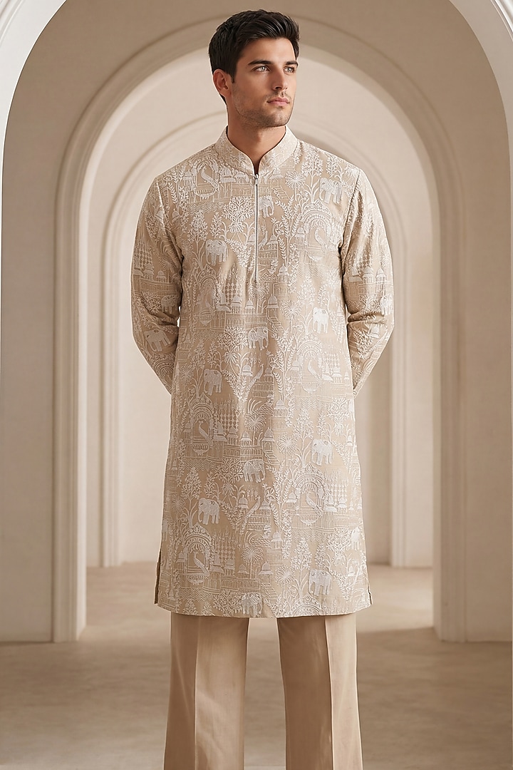 Beige Chanderi Silk Embroidered Kurta Set by AMIT ARORA at Pernia's Pop Up Shop