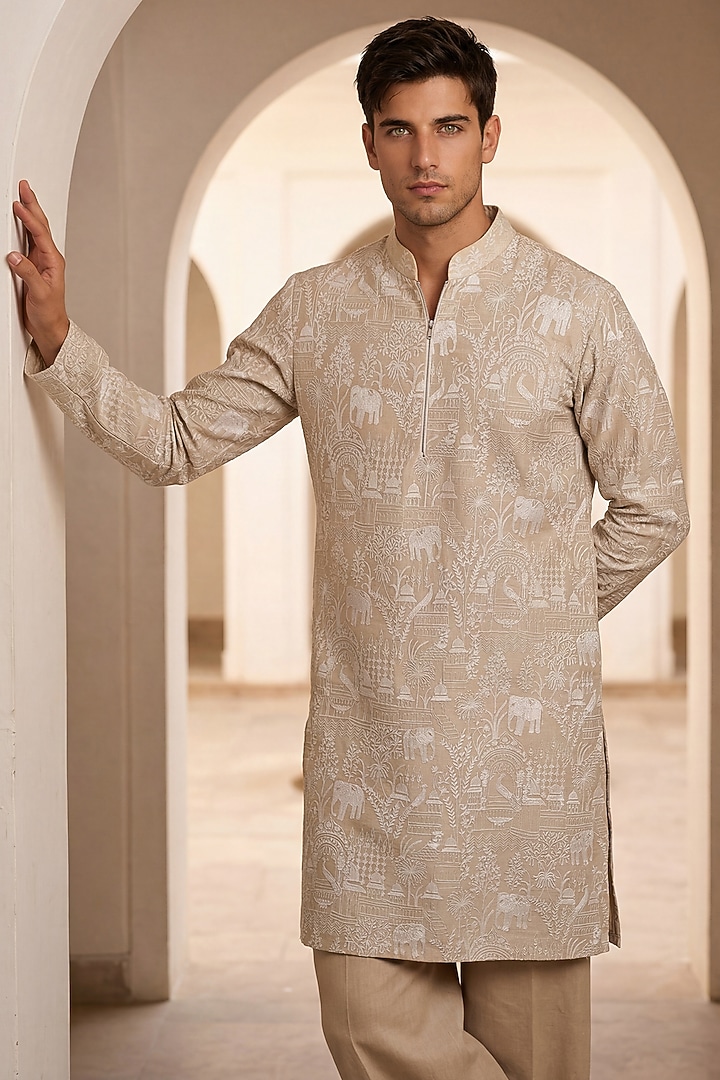 Beige Chanderi Silk Embroidered Kurta Set by AMIT ARORA at Pernia's Pop Up Shop