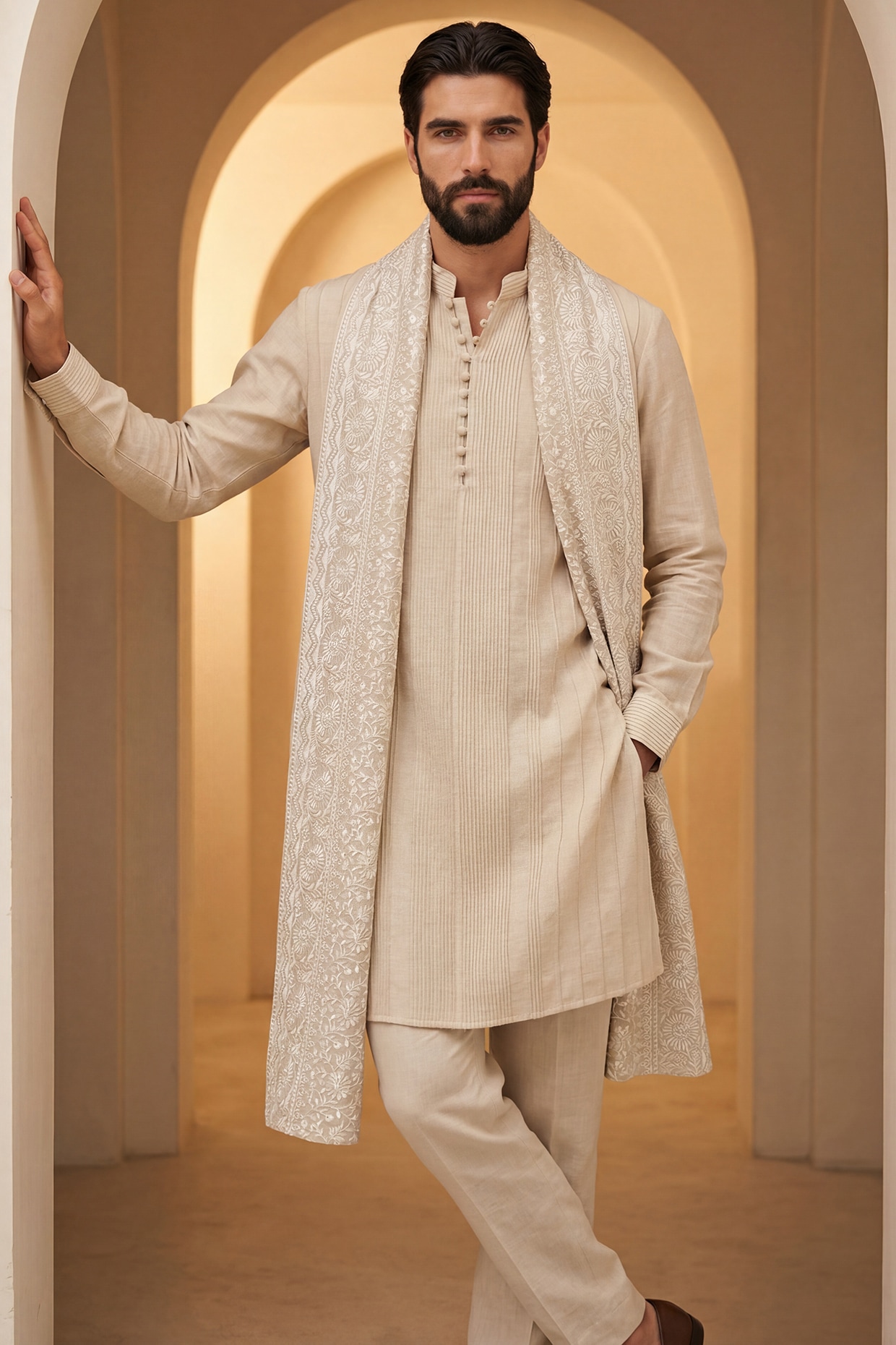 AMIT ARORA Beige Linen Kurta Set