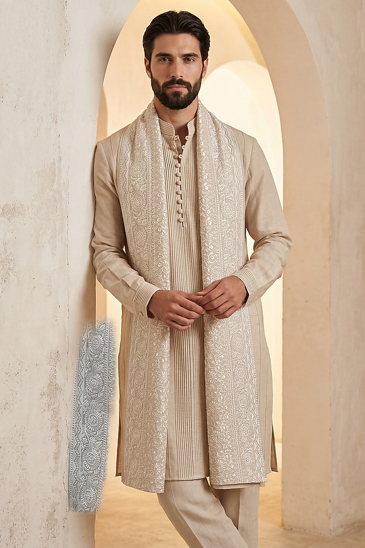 Beige Linen Kurta Set by AMIT ARORA at Pernia's Pop Up Shop