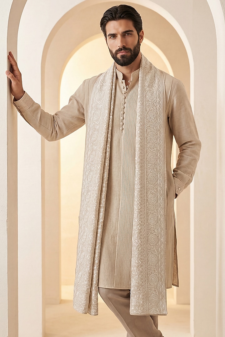 Beige Linen Kurta Set by AMIT ARORA at Pernia's Pop Up Shop
