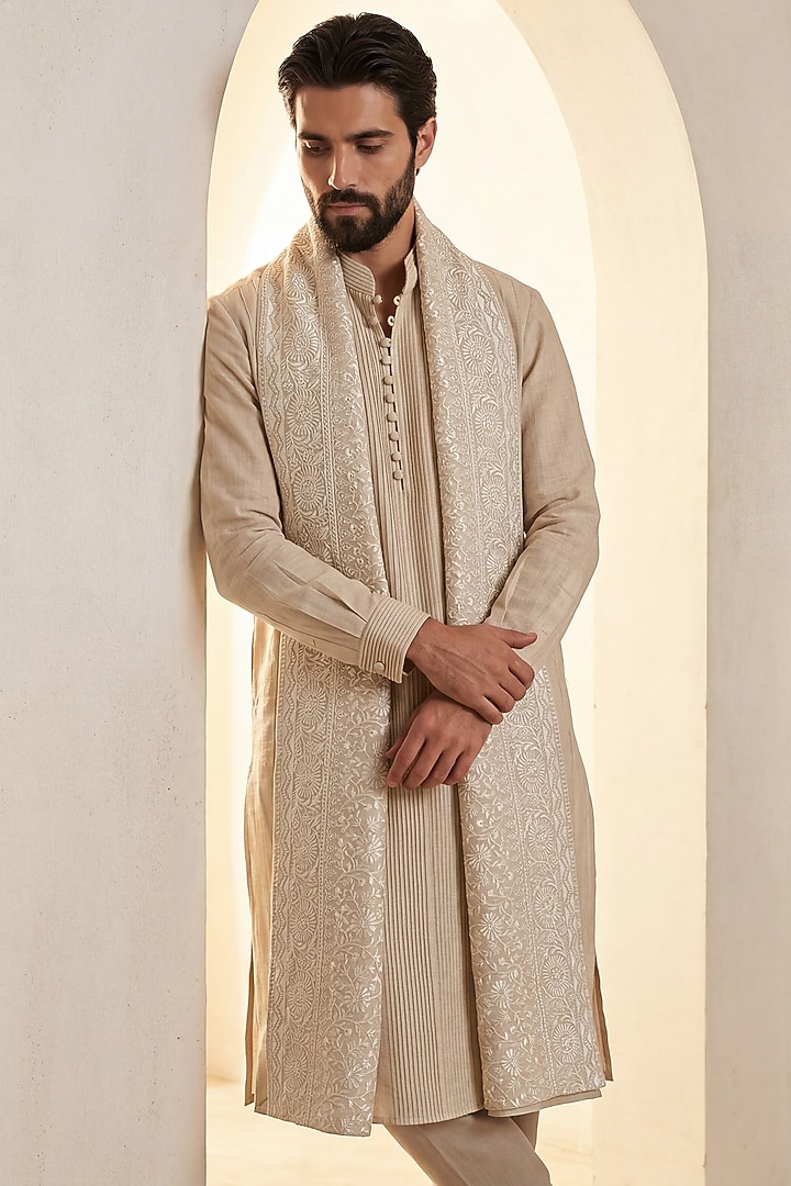 Beige Linen Kurta Set by AMIT ARORA at Pernia's Pop Up Shop