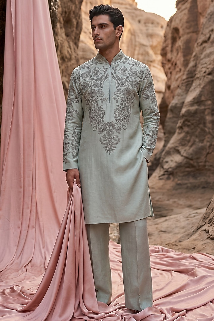 Teal Green Bamboo Silk Embroidered Kurta Set by AMIT ARORA at Pernia's Pop Up Shop