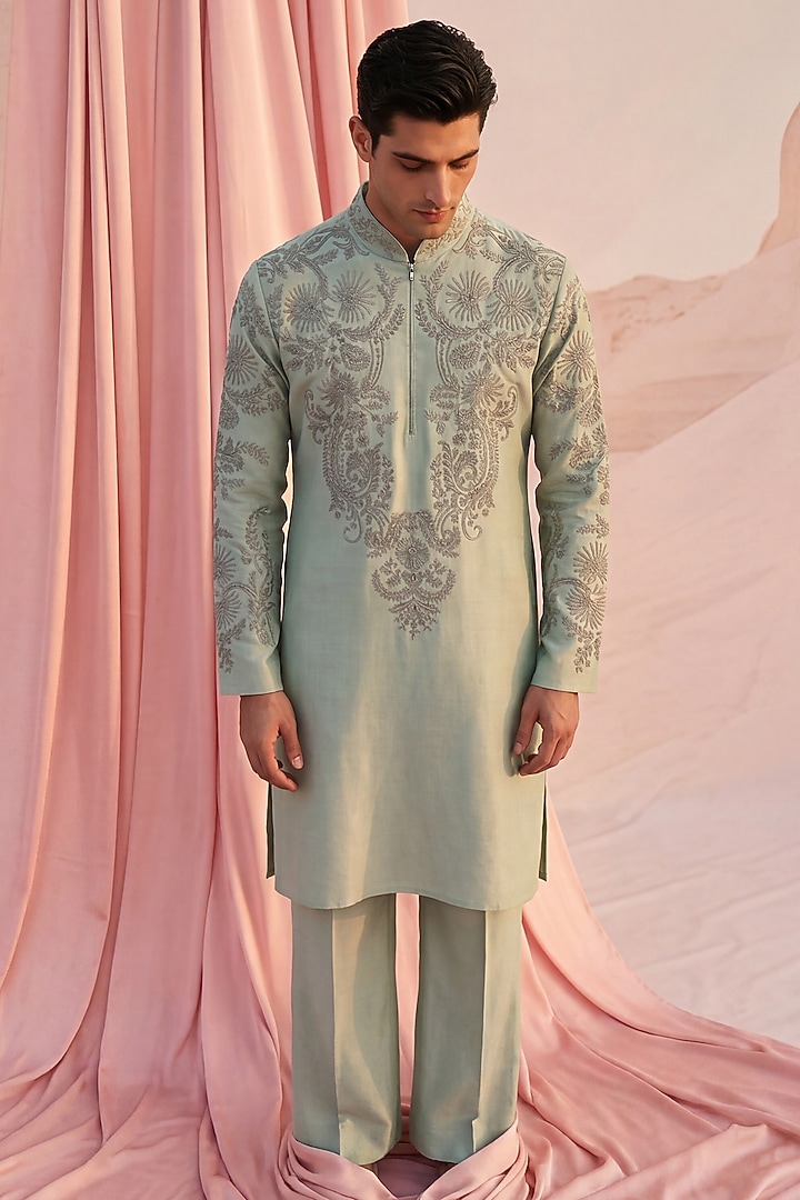 Teal Green Bamboo Silk Embroidered Kurta Set by AMIT ARORA at Pernia's Pop Up Shop