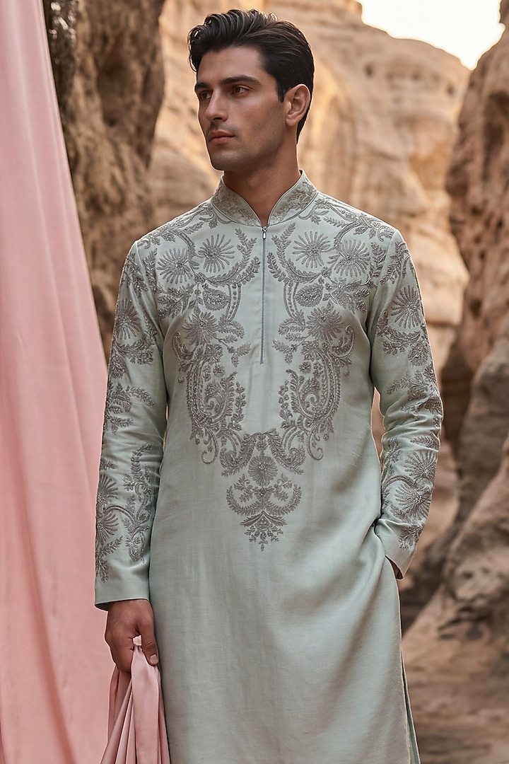 Teal Green Bamboo Silk Embroidered Kurta Set by AMIT ARORA at Pernia's Pop Up Shop