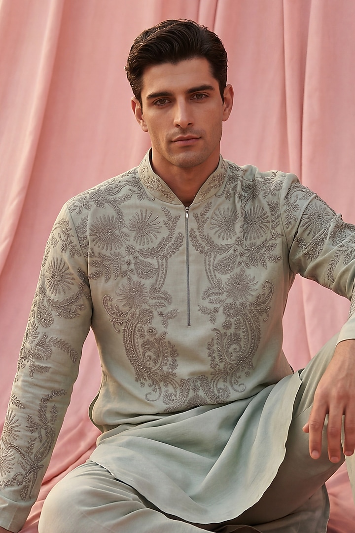 Teal Green Bamboo Silk Embroidered Kurta Set by AMIT ARORA at Pernia's Pop Up Shop