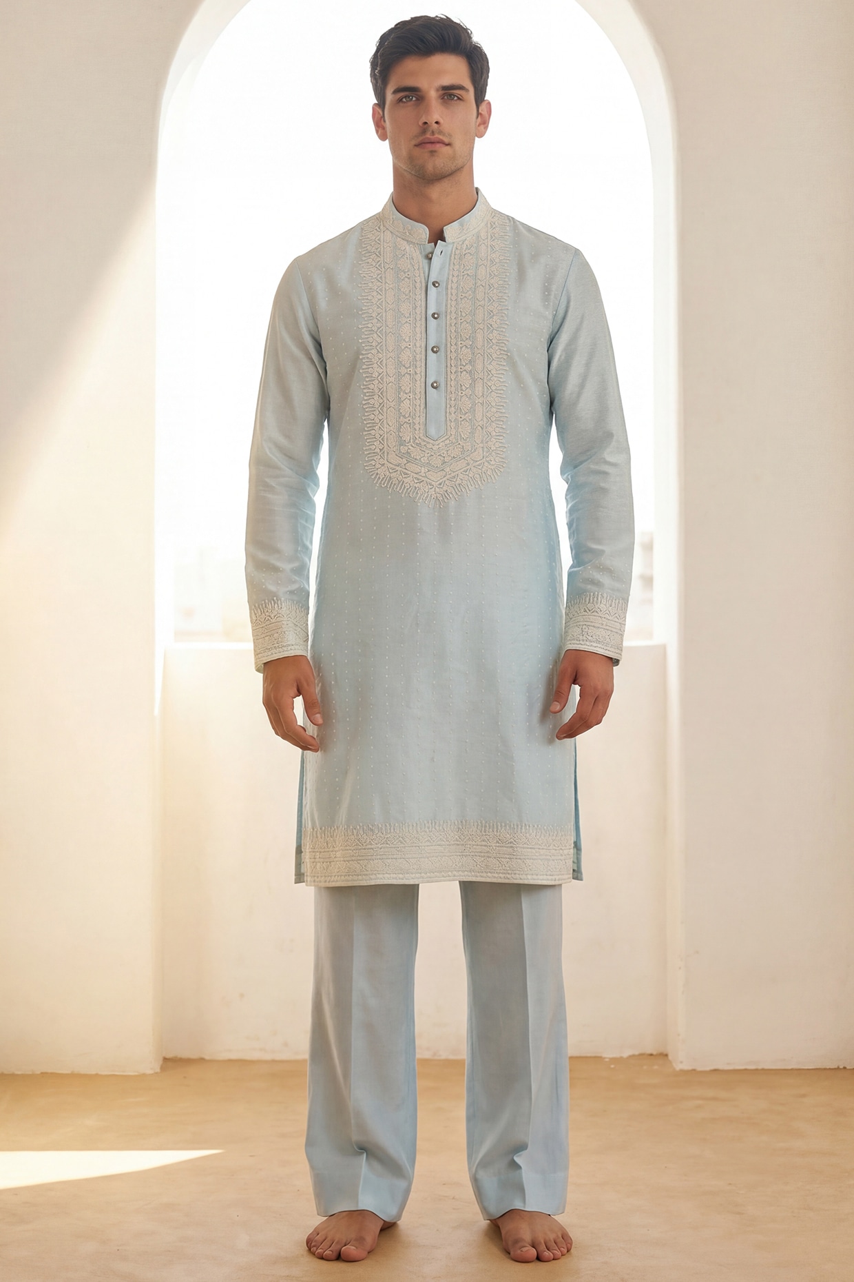 AMIT ARORA Sky Blue Chanderi Silk Embroidered Kurta Set