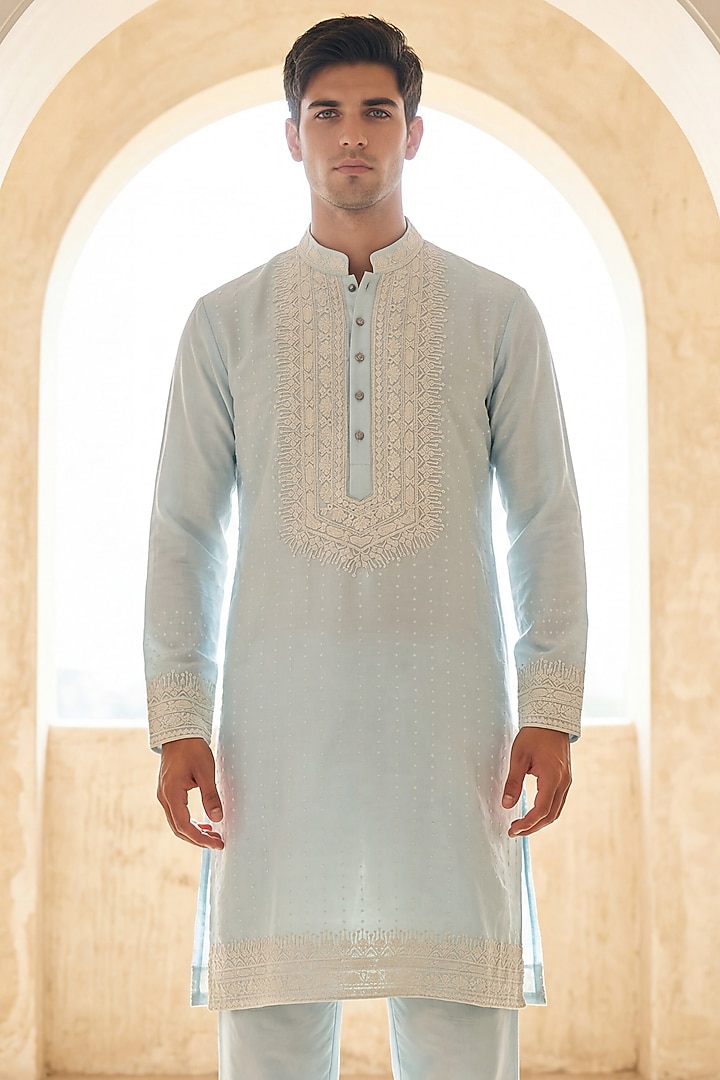 Sky Blue Chanderi Silk Embroidered Kurta Set by AMIT ARORA at Pernia's Pop Up Shop