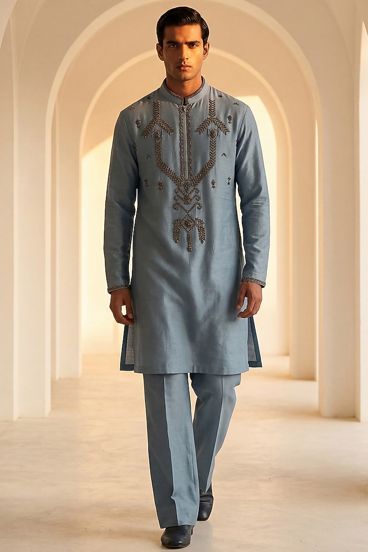 Sky Blue Chanderi Silk Embroidered Kurta Set by AMIT ARORA at Pernia's Pop Up Shop