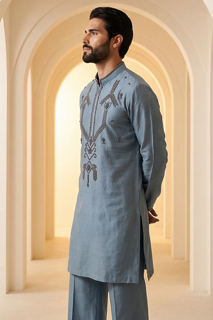 Sky Blue Chanderi Silk Embroidered Kurta Set by AMIT ARORA at Pernia's Pop Up Shop