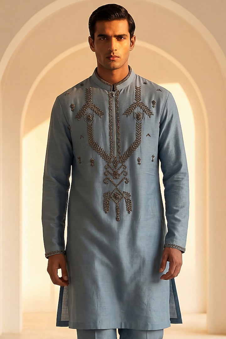 Sky Blue Chanderi Silk Embroidered Kurta Set by AMIT ARORA at Pernia's Pop Up Shop