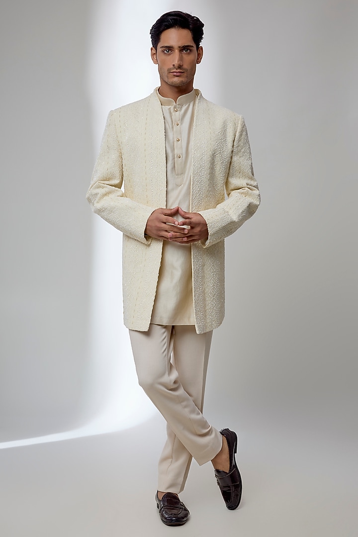 Lemon Yellow Silk Wedding Indowestern Set by AMIT ARORA at Pernia's Pop Up Shop